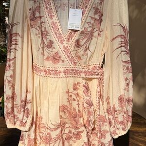 Zimmermann Cream and Pink Floral Wrap Dress